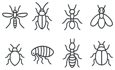 Insect linear icon set. featuring mosquito, beetle, ant, fly, bug, flea symbols