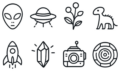 Space exploration linear icon set. featuring alien, ufo, planet, dinosaur, rocket, crystal, camera, and radar