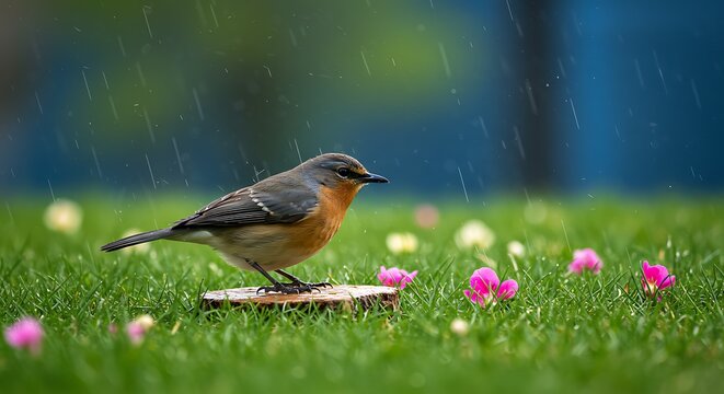 A charming bird perches on a small wooden stump in a grassy field during a gentle rain shower, showcasing the beauty of nature's quiet moments.