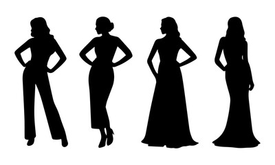 stylish women Silhouette in diverse poses, collection of woman showcasing fashion and elegance on a white background, perfect for design, art, and fashion projects