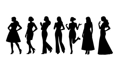 stylish women Silhouette in diverse poses, collection of woman showcasing fashion and elegance on a white background, perfect for design, art, and fashion projects