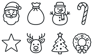 Christmas linear icon set. featuring santa, gift bag, snowman, candy cane, star, reindeer, tree, wreath