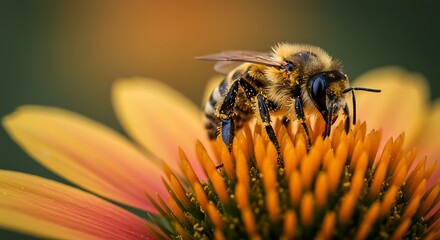 A detailed close-up of a honeybee collecting pollen from a vibrant orange and peach coneflower, showcasing the intricate details of the bee's furry body and the flower's delicate structure.