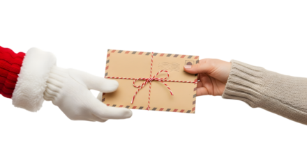 Santa Claus Hand Giving Christmas Letter with Ribbon Cut Out PNG.