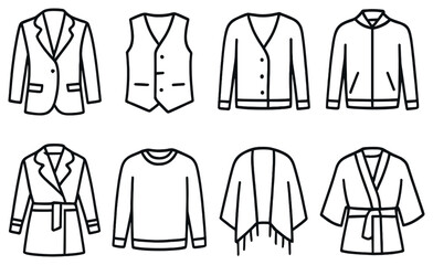 Fashion linear icon set. featuring blazer, vest, cardigan, hoodie, coat, sweater, poncho, robe
