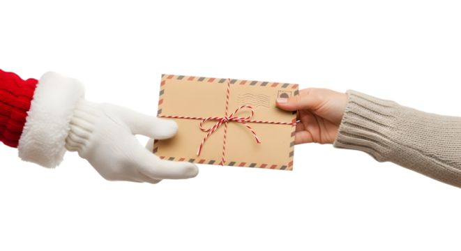 Santa Claus Hand Giving Christmas Letter with Ribbon Cut Out PNG.