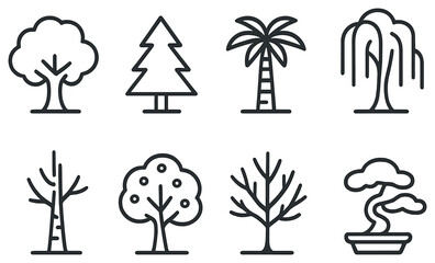 Naklejka premium Tree and nature linear icon set. featuring oak, pine, palm, willow, cherry, bare, and bonsai icons