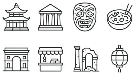 Obraz premium Historical architecture and culture linear icon set. featuring pagoda, temple, mask, noodles, arch, market, ruins, lantern