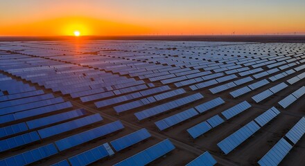 Fototapeta premium Solar farm at sunset, renewable energy field