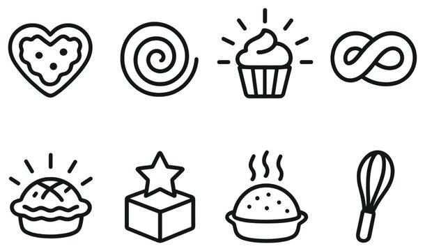 Bakery goods linear icon set. featuring heart cookie, spiral candy, cupcake, infinity, pie, star cube, steaming bun, whisk