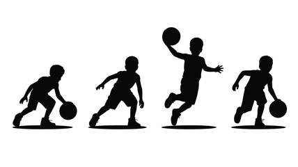 Silhouettes of children playing basketball in various poses