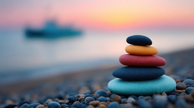 Harmony of Stones: A stack of colorful stones, meticulously balanced on a serene beach, embodies tranquility against a backdrop of a blurred boat and a mesmerizing sunset.