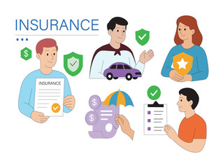 Insurance Vector Illustration Health, Car, Life, and Financial Protection Concept. Business Insurance Flat Design People Holding Documents, Car, Shield, and Money Symbols.