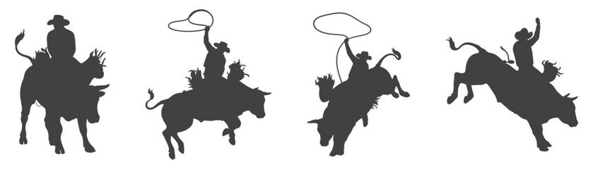 Silhouette collection of bull riding cowboys in motion, dynamic western rodeo competition vector graphics showing bucking bullriders, extreme sports action design elements for rodeo posters and appare