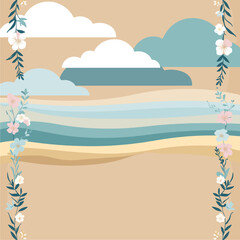 Soft Flat Design Beach Landscape with Floral Frame. Muted Coastal Scene with Clouds, Summer Background.