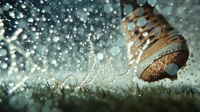 An extreme close-up, macro shot of a soccer boot making powerful contact with the ball during a rainy match. Blades of grass and a huge splash of water are sent flying into the air from the impact.