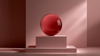Obraz premium Minimalist pink background for product presentation with a red glass sphere on top of the podium, a modern design