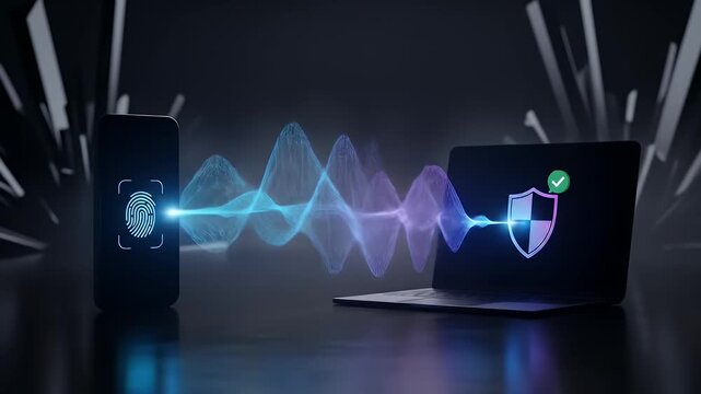 Phone and laptop silhouettes are linked by a soft wave mesh; a quick fingerprint flash appears and a shield with a check bead glows on the laptop