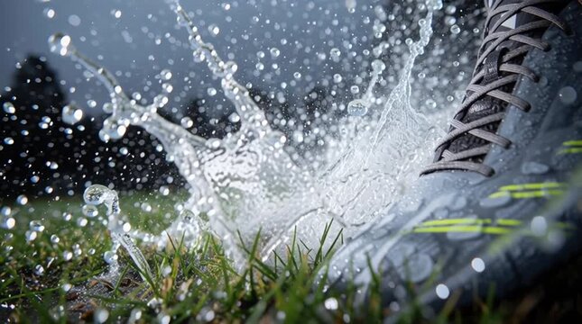 An extreme close-up, macro shot of a soccer boot making powerful contact with the ball during a rainy match. Blades of grass and a huge splash of water are sent flying into the air from the impact.