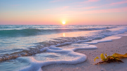 soft ocean wave breaking on beach under pastel peach sunset horizon with serene blue sky and sandy details aesthetic nature wallpaper background