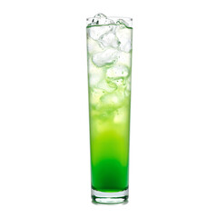 Refreshing Midori Sour cocktail in a tall glass featuring a vibrant green bottom layer and a clear top layer beautifully isolated on a white backdrop, isolated