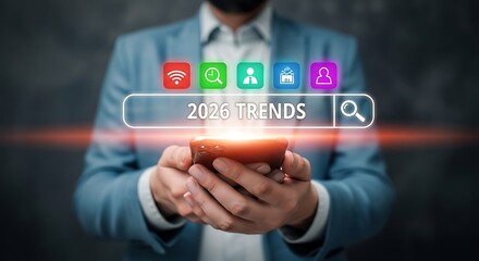 Person Holding Smartphone Displaying 2026 Trends Search Bar with Icons future