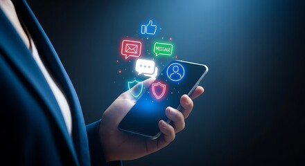 Person holding smartphone with social media and communication icons floating mobile phone hand