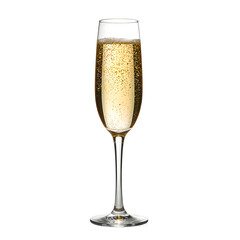 Luxurious champagne in a tall elegant glass with a steady stream of bubbles shimmering gold against a clean white backdrop, isolated