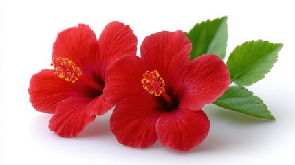 Red Hibiscus: This captivating photo showcases the vibrant elegance of two striking red hibiscus blossoms, their petals beautifully unfurling against a fresh backdrop.