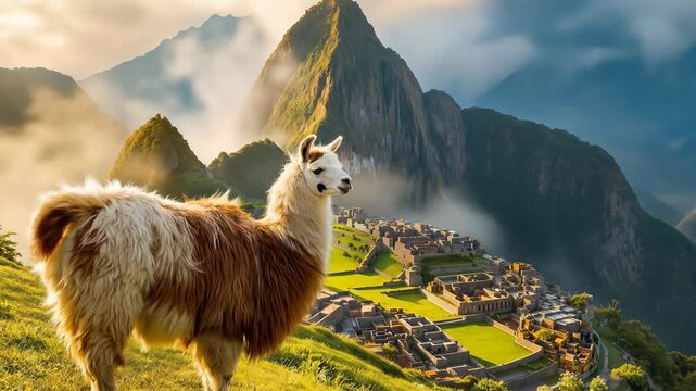 Llama Grazing in Front of Machu Picchu A Majestic Scene in the Peruvian Andes