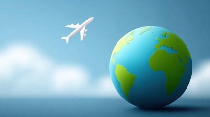 Fototapeta premium Globally Soaring: An airplane circles the globe. A dynamic, illustrative depiction of globetrotting and exploration.