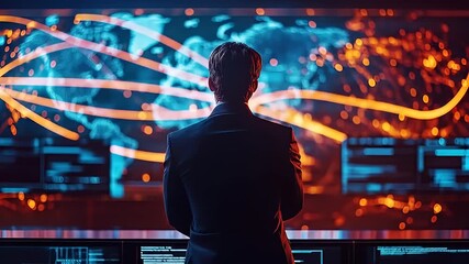 Person Standing And Watching Global Data Map With Glowing Dots And Lines Displayed On Digital Screen - Powered by Adobe