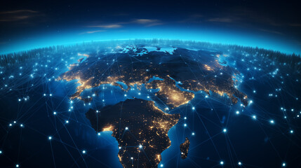 A digital earth globe showcasing a global network of interconnected cities and continents, representing modern technology, communication, and future innovation