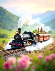 Naklejka premium A classic steam train miniature travels through a magical floral landscape at sunset. A surreal and whimsical scene of adventure, journey, and imagination