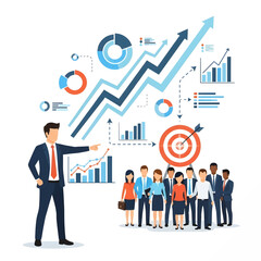 A businessman points to a rising arrow and charts, with a team of diverse people standing below a target.