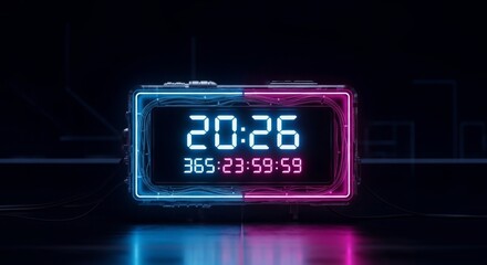 Futuristic neon countdown clock glowing with vibrant blue and pink lights in a dark technological setting