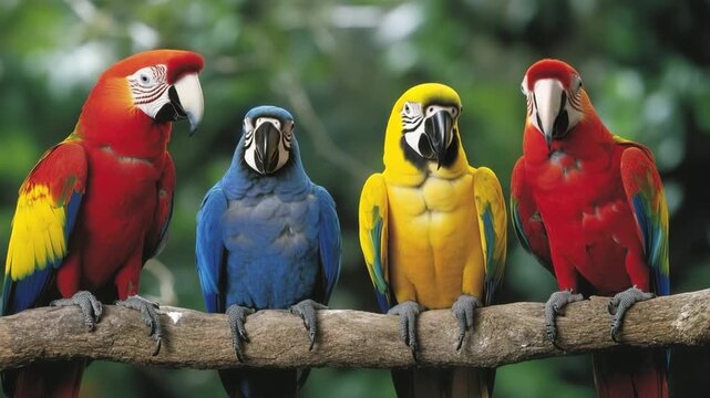 Colorful macaw parrots interact in a tropical setting