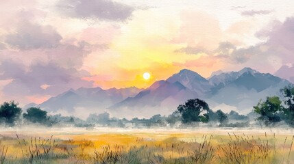 Obraz premium Serene Mountain Landscape with Sunset and Misty Atmosphere