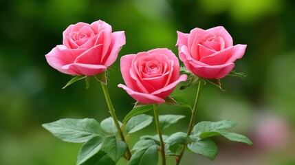 Fototapeta premium Beautiful Pink Roses in Full Bloom with Lush Green Background