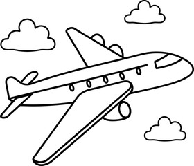 Outlined Airplane Flying Through the Sky with Clouds Overhead Coloring Page for Kids and Aviation Enthusiasts