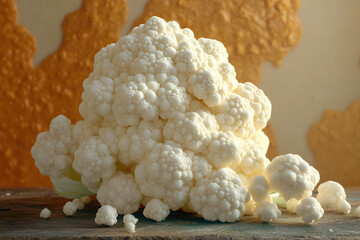 Close-up of Fresh Cauliflower Head on Rustic Surface