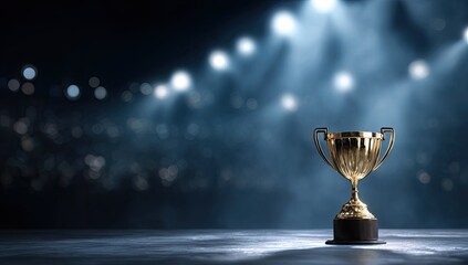 Gold trophy on a dark stage.  Spotlight shines on a golden trophy