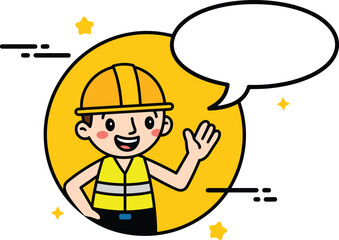 Cartoon construction worker kid, cute builder boy illustration, hard hat safety, speech bubble quote, children's education, engineering character vector.