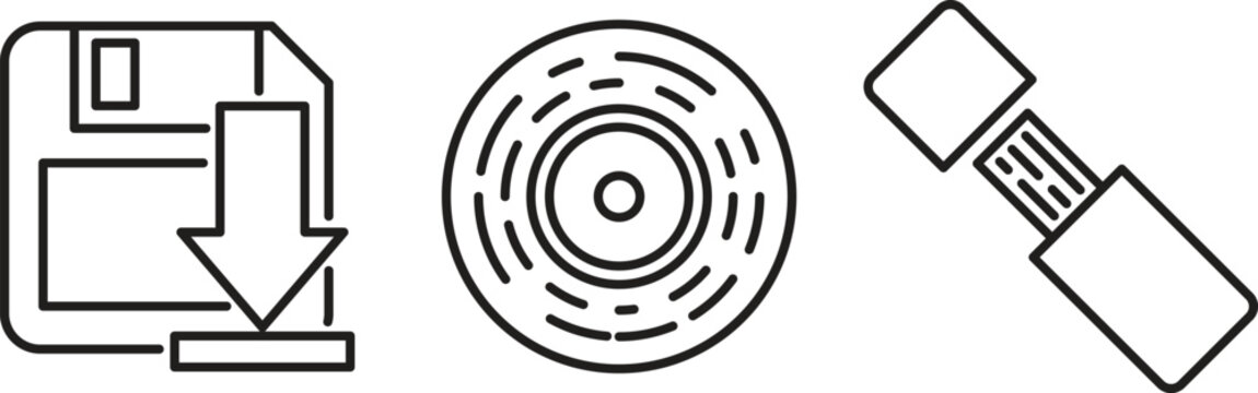 Data Storage Icons Floppy Disk CD and USB Drive Line Art