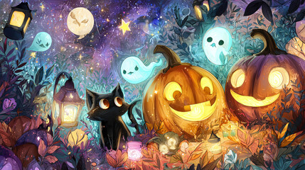 Illustration kawaii et envoûtante d’Halloween avec citrouilles lumineuses, fantômes amicaux et chat noir