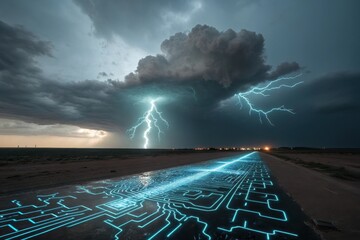 Storm cloud releasing lightning shaped like circuit patterns