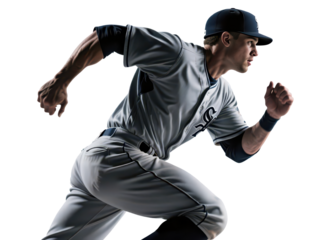 A baseball player in uniform sprinting with determination, silhouetted against white background.