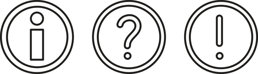 Information Question and Exclamation Icons in Black Outlines on White Background