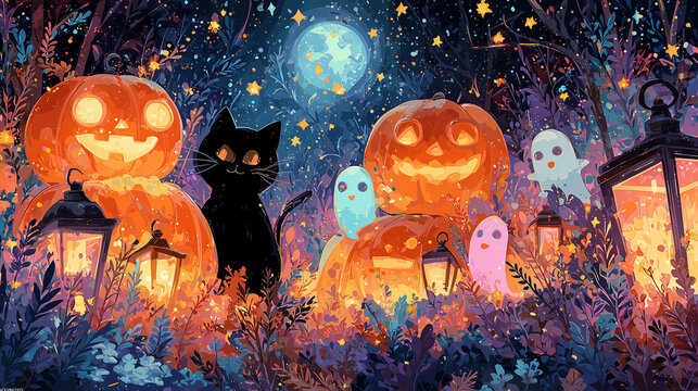 Illustration kawaii et envo&ucirc;tante d&rsquo;Halloween avec citrouilles lumineuses, fant&ocirc;mes amicaux et chat noir