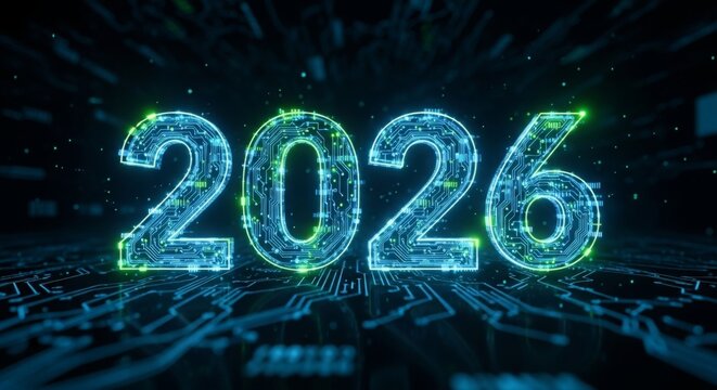 Future tech forecast 2026 glowing circuit board numbers vibrant digital connections inspire innovation